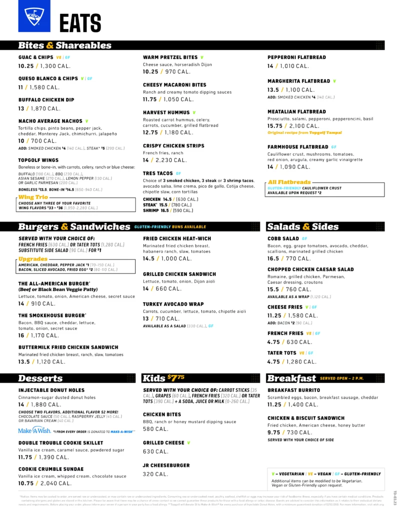 Topgolf Los Angeles - El Segundo Food Menu