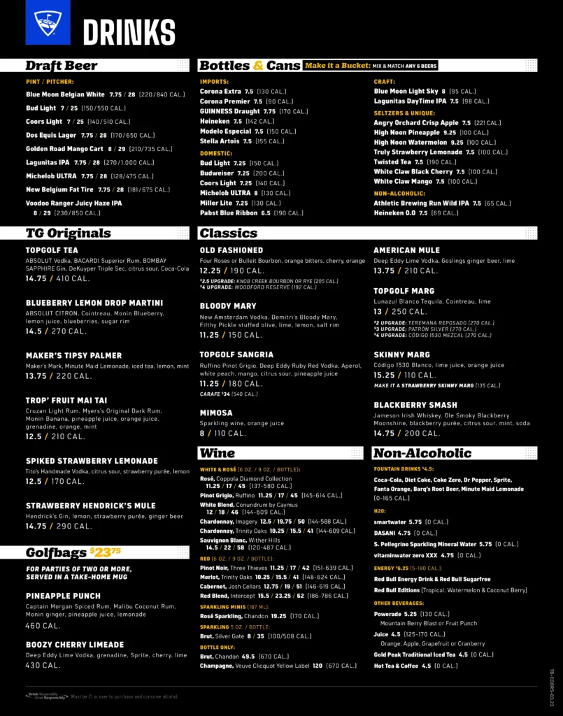 Topgolf Los Angeles El Segundo Drinks Menu