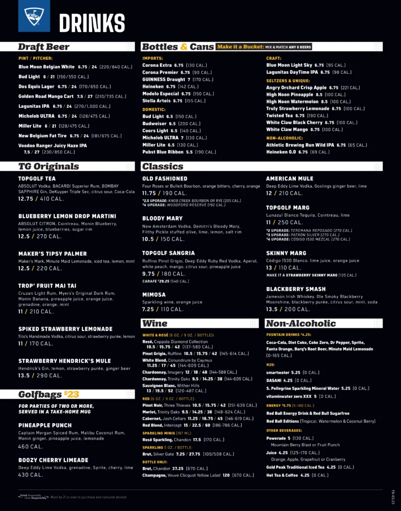 Topgolf Miami-Doral Drinks Menu