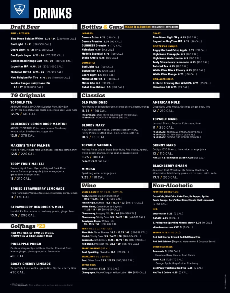 Topgolf Colorado Springs Drinks Menu