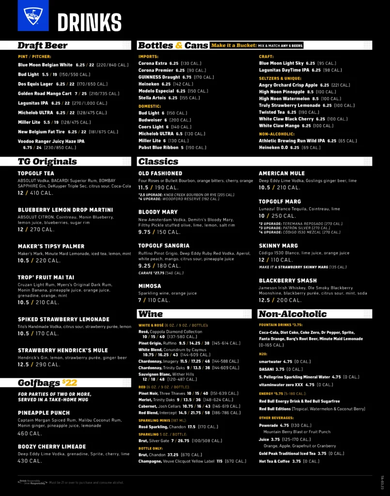 Topgolf Columbus Drinks Menu With Price