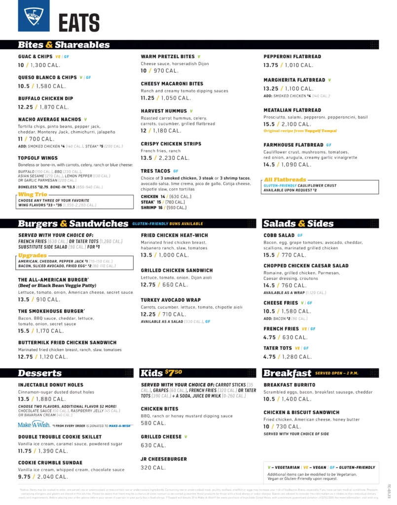 Topgolf King of Prussia Food Menu