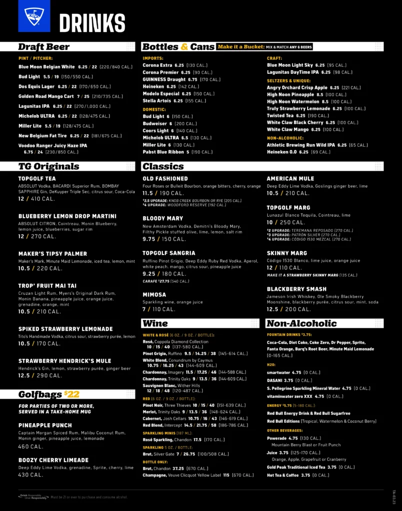 Topgolf Myrtle Drinks Menu Prices