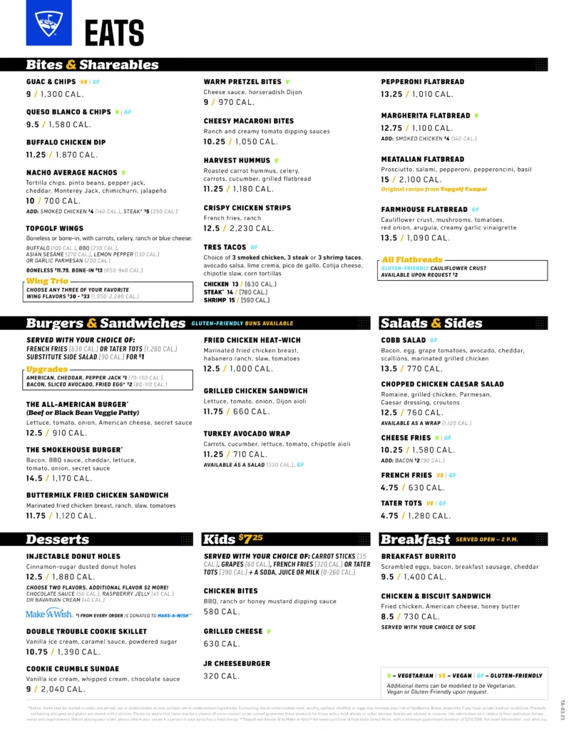 Topgolf Alpharetta Food Menu