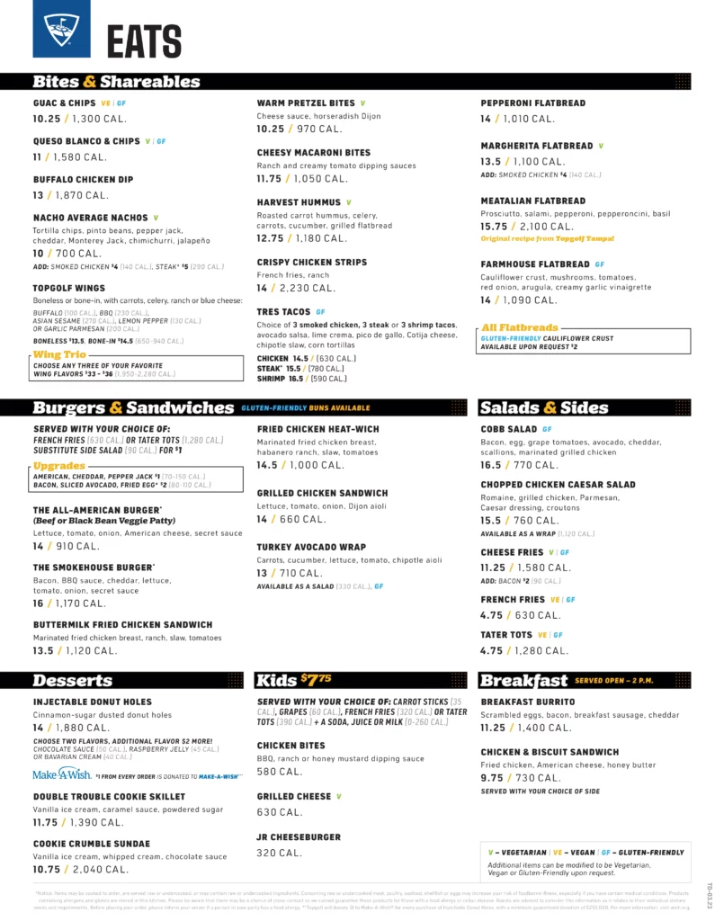 Topgolf San Jose Food Menu