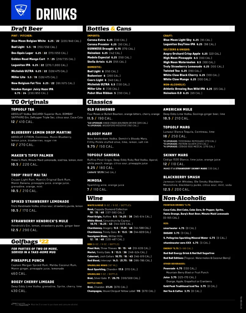 Topgolf Glandale Drinks Menu