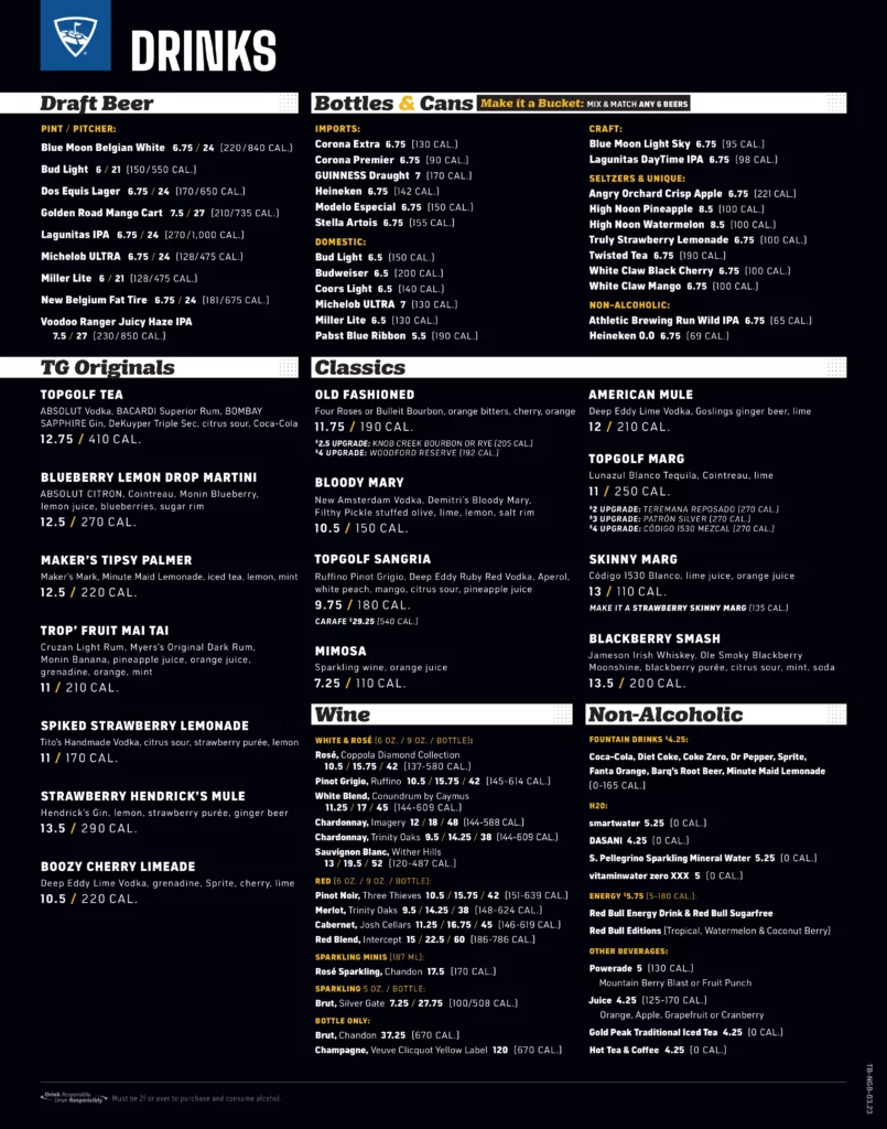 Topgolf Naperville Drinks Menu