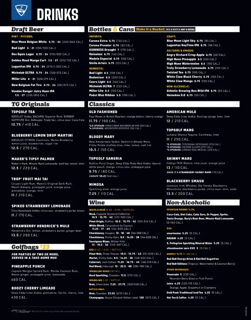 topgolf hillsboro drinks menu