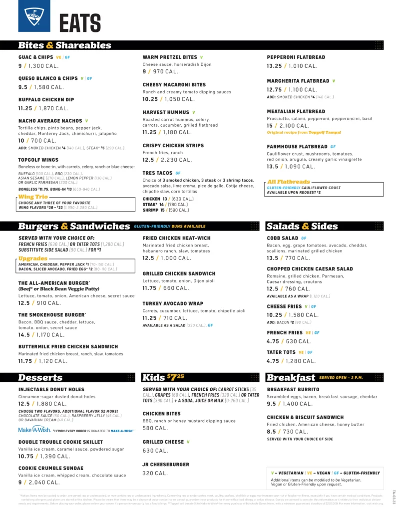 Topgolf Overland Park Food Menu