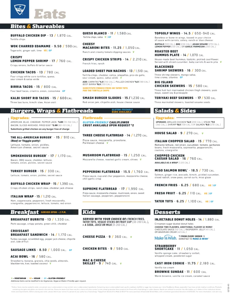 Topgolf Las Vegas food menu