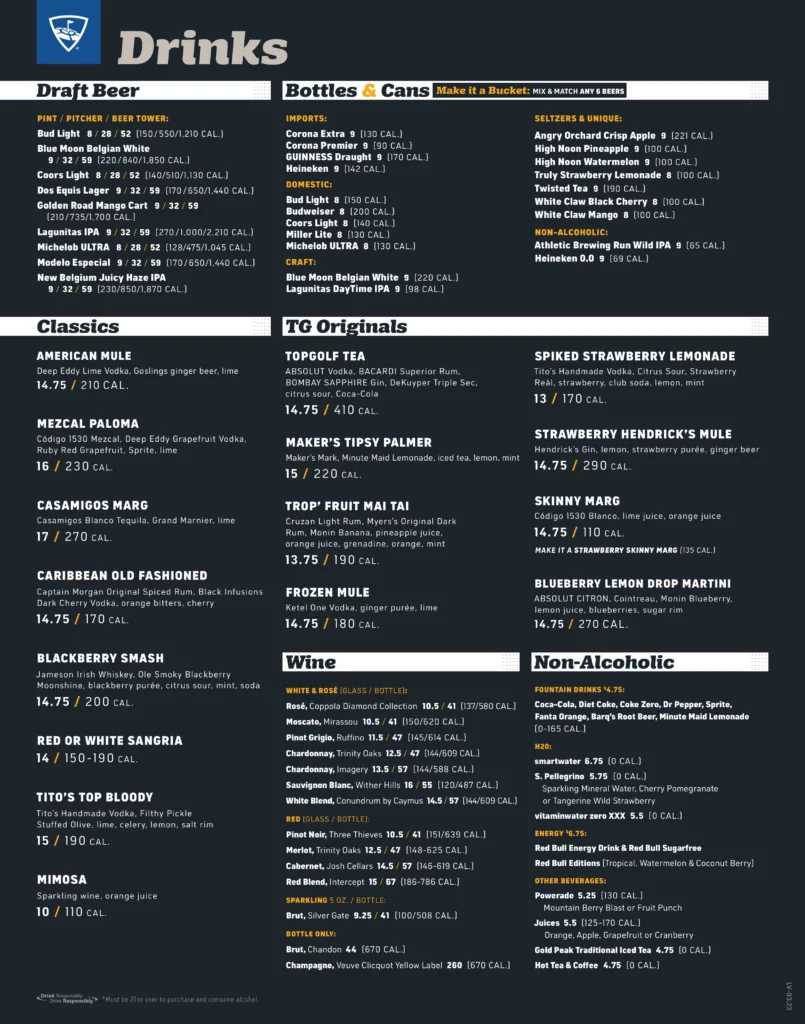 Topgolf Las Vegas beverages list