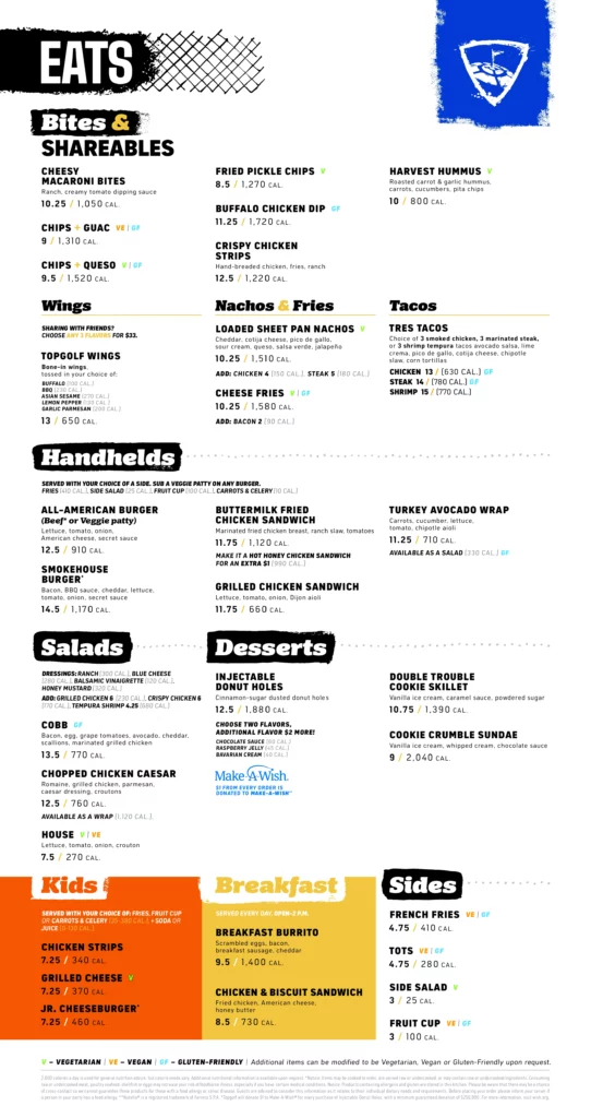 TOPGOLF WACO FOOD MENU