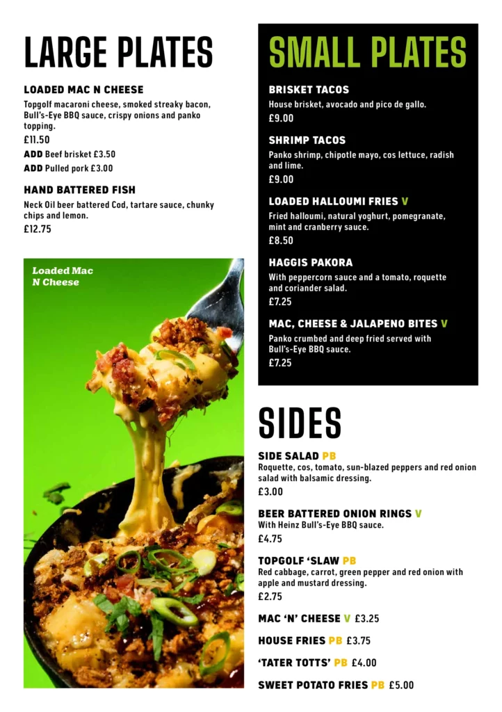 TOPGOLF GLASGOW FOOD ITEMS