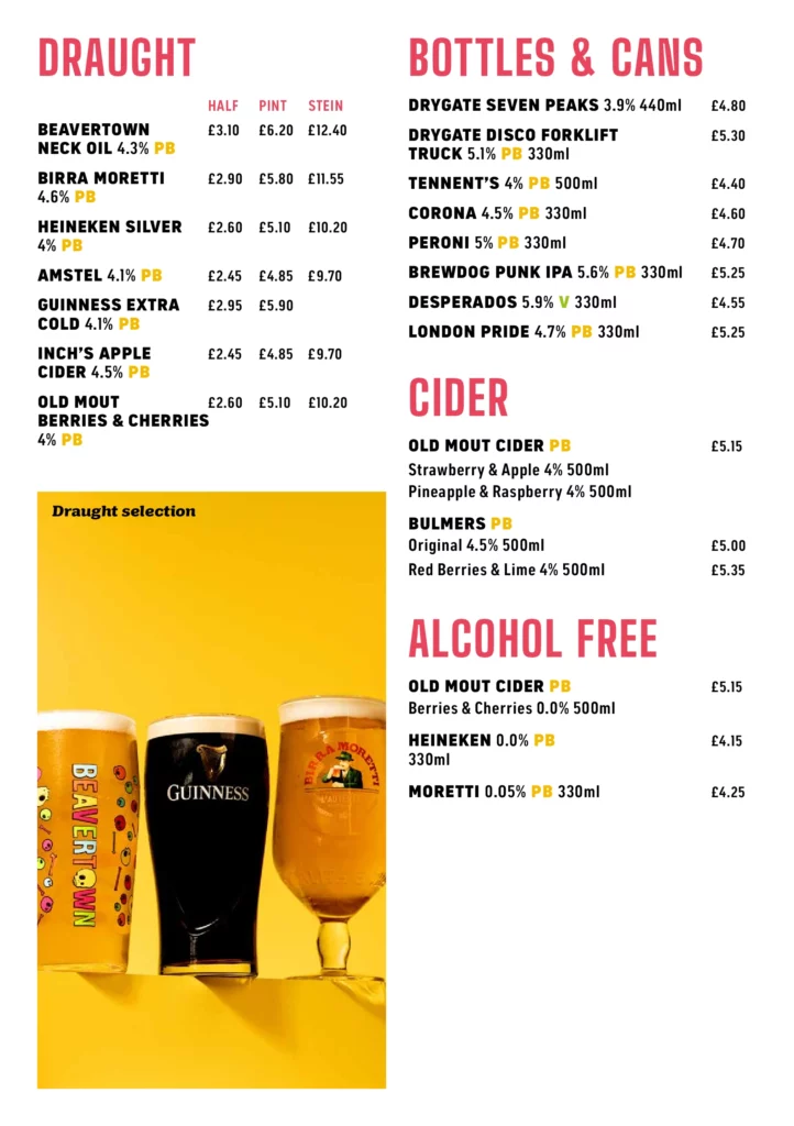 TOPGOLF GLASGOW DRINKS LIST