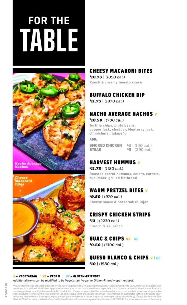 TOPGOLF TABLE MENU