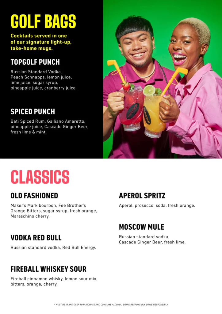 Topgolf Gold Coast golfbags menu