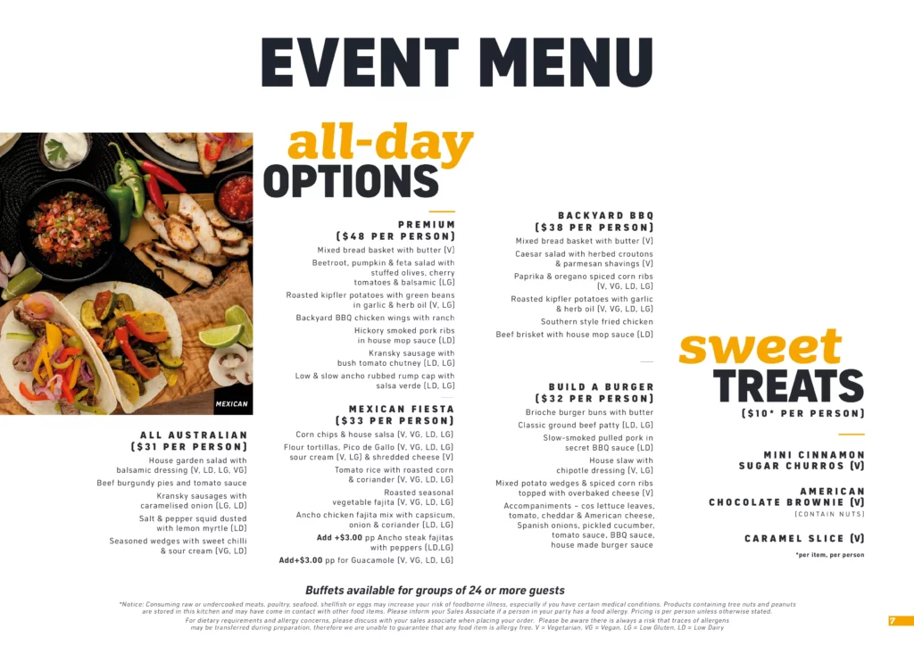 Topgolf Gold Coast event menu list