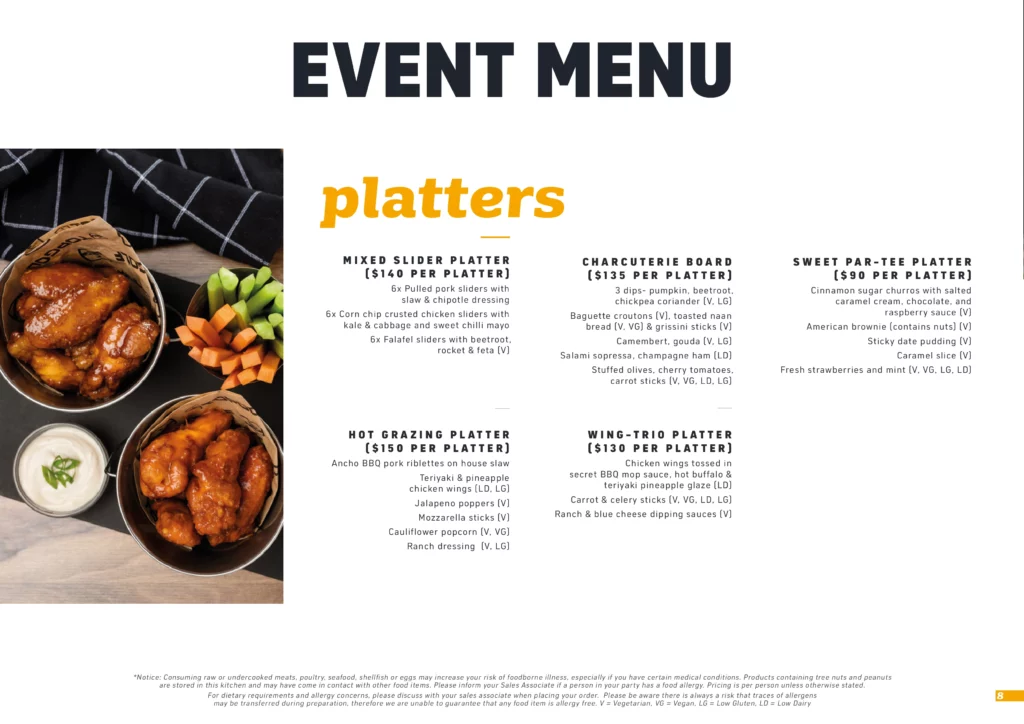 Topgolf Gold Coast Event menu